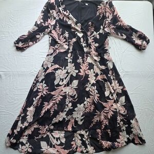 Tommy Hilfiger Black Wrap Midi Dress with Pink and Cream Floral Print
